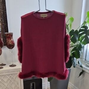 Elegant Burgundy Poncho with Fur Trim